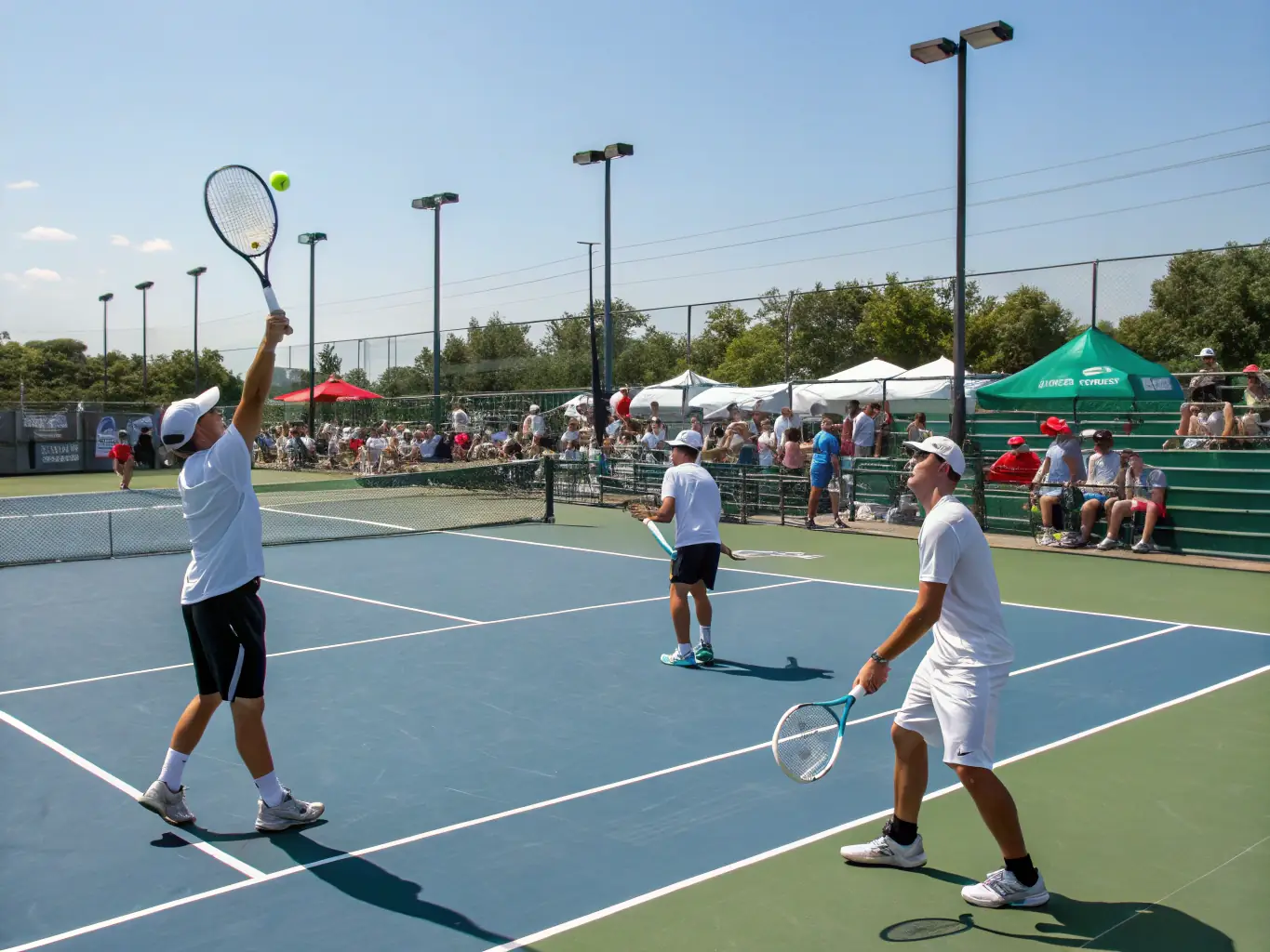 A lively photo of players participating in a community tennis event with smiles and camaraderie, highlighting the Community & Recreational Activities.
