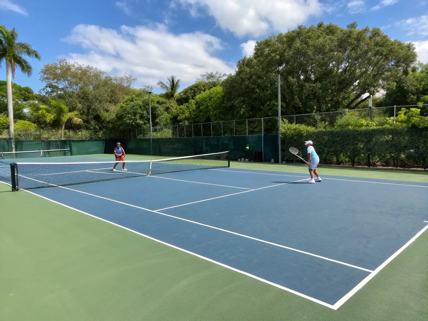 A vibrant image of the well-maintained tennis courts with players engaged in a match under bright sunlight, showcasing the Tennis Court Access program.