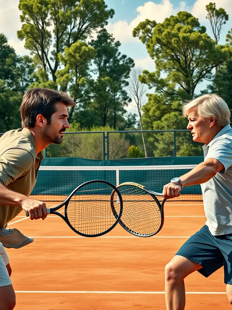 An action shot of adult players engaged in a competitive doubles match at TCA, showcasing the intensity and camaraderie of the adult league.