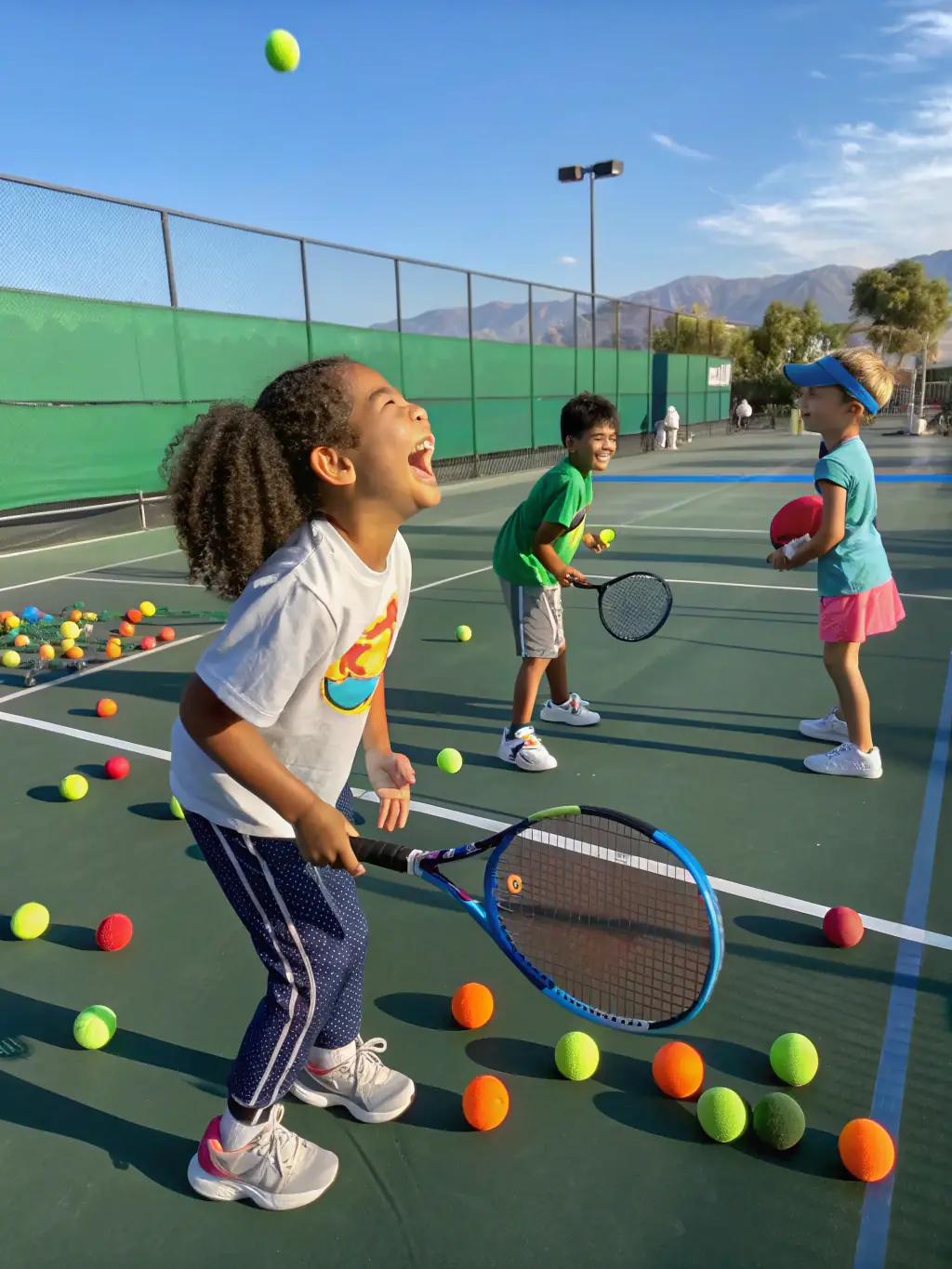 A vibrant image of children participating in a beginner's tennis clinic at TCA, focusing on fun drills and basic techniques, set against the backdrop of the Aguessac tennis court.